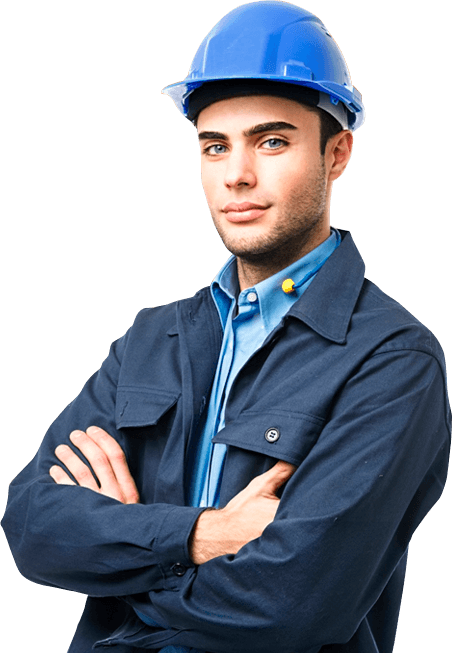 Foto com fundo transparente representando um operário. Pose de braços cruzados sorrindo.