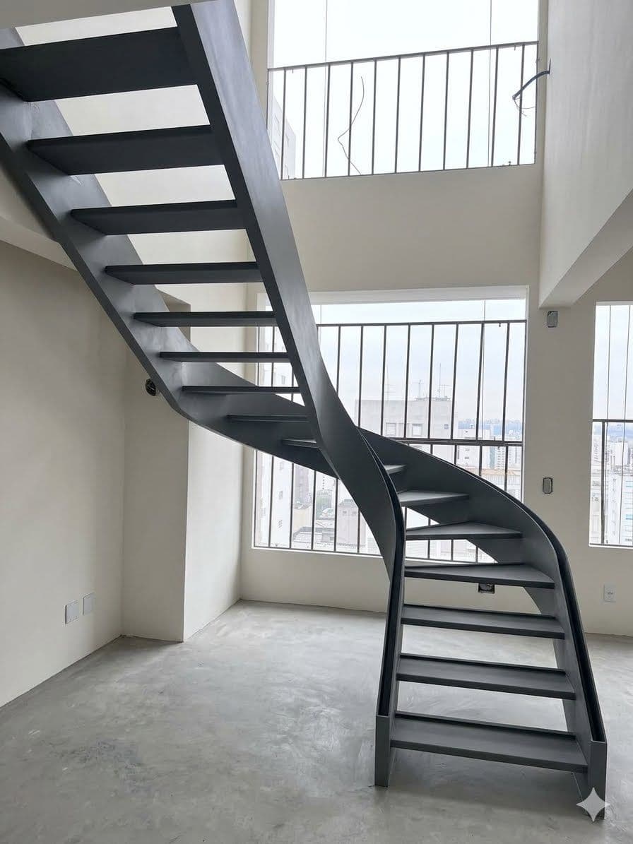Escada curva metálica cinza com degraus em chapa, ainda sem acabamento, em apartamento em obra de pé-direito duplo
